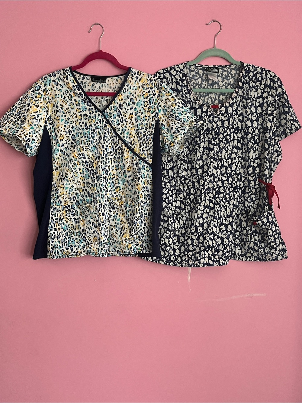 Cherokee Leopard-Print & Blue/White Geometric print Set of 2 Scrubs Tops